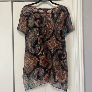 MULTIPLES Women's XL Sheer Paisley Print Tunic Top Burnout Asymmetrical Hem